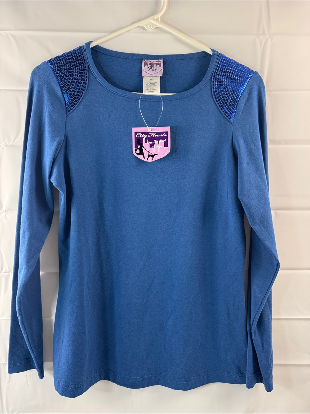 City Hearts XS Blue Sequin Shoulder Long Sleeve Top NWT